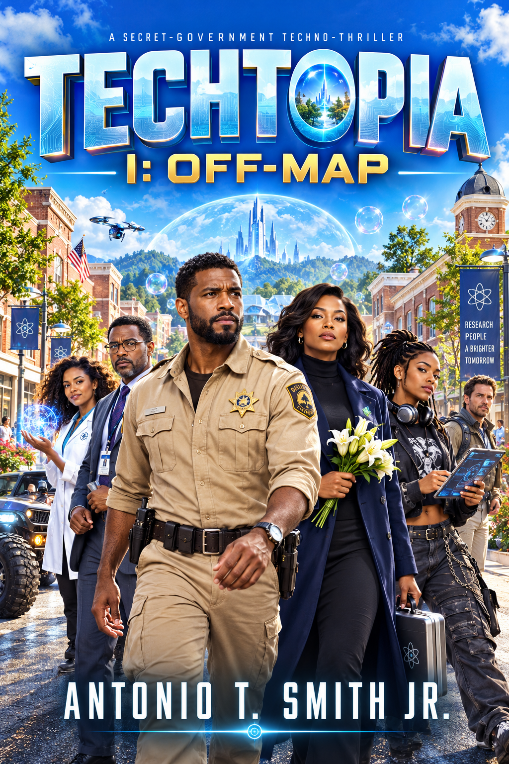 Techtopia I: Off-Map book cover showing Captain Remington Pierce and his team in a bright futuristic city